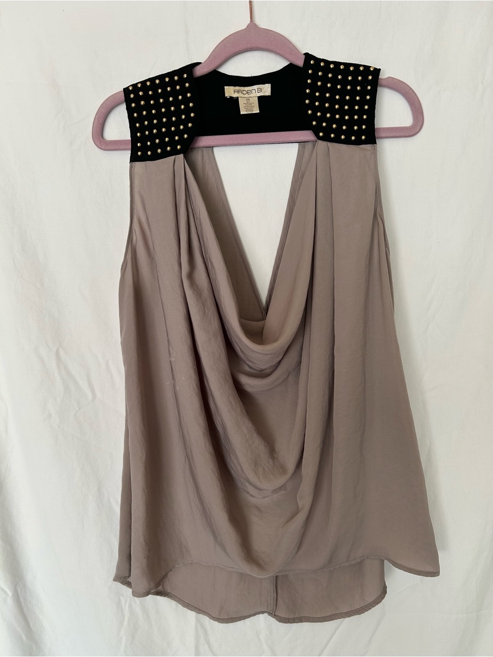 Arden B XS Taupe Cowl Neck Blouse Black Gold Studded Shoulders